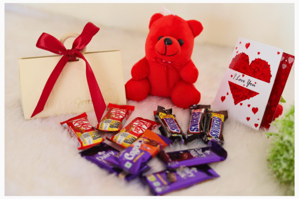 Tasha forever kitkat gift pack (3 dairy milk chocolates, 3 snickers, 3 kitkat, 1 crispello with love card & teddy bear) chocolate gift pack for men, women - Image 2