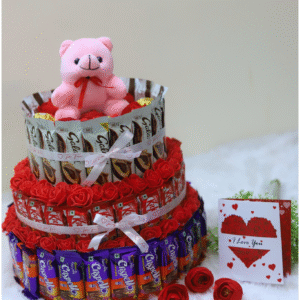 Tasha forever teddy gift hamper (70 Mix chocolates, 1 love card & teddy) Chocolate tower