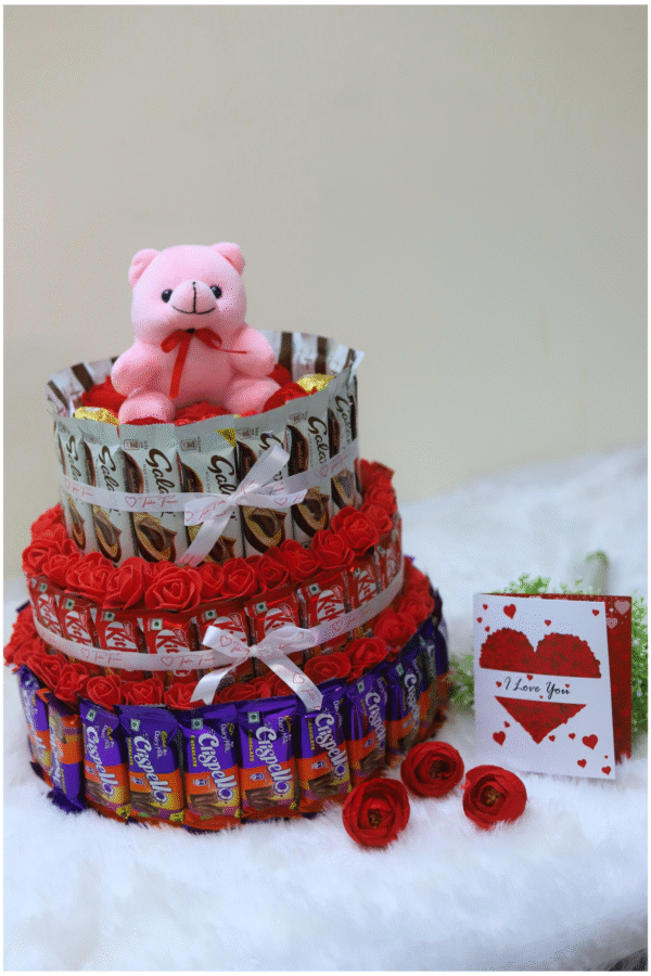 Tasha forever teddy gift hamper (70 Mix chocolates, 1 love card & teddy) Chocolate tower