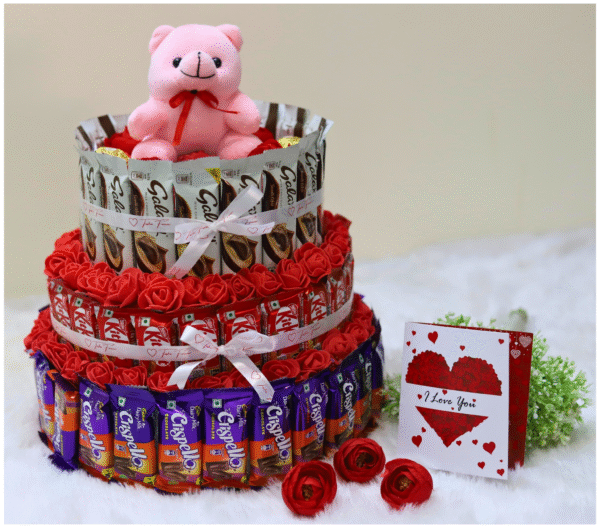 Tasha forever teddy gift hamper (70 Mix chocolates, 1 love card & teddy) Chocolate tower - Image 4