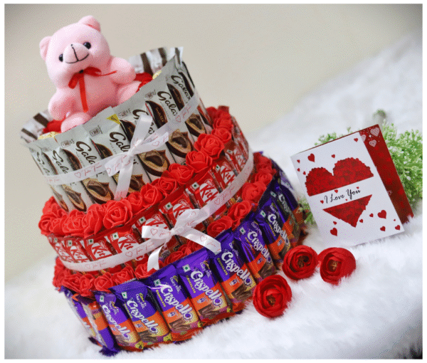 Tasha forever teddy gift hamper (70 Mix chocolates, 1 love card & teddy) Chocolate tower - Image 3