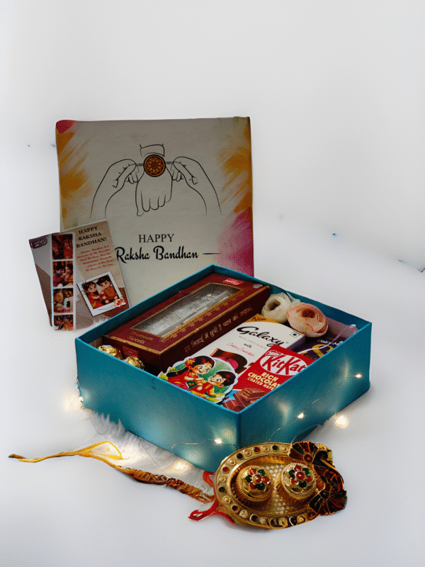 Tasha Forever| Happy Rakshabandhan chocolate Box with premium chocolates, Kajukatli (200gm), Rakhi, kumkum platter, Special Rakhi Card.