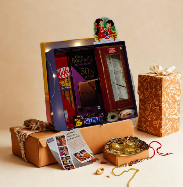 Tasha Forever| Happy Rakshabandhan chocolate Box with premium chocolates, Kajukatli (200gm) Rakhi, kumkum platter, Special Rakhi Card. - Image 3