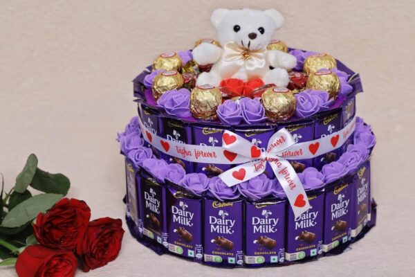 Tasha Forever dairy milk gift hamper Pack of 37 Dairy Milk Chocolate, 1 Teddy, 8 premium round Chocolate, 6 Deluxe with 1 love card - Image 3