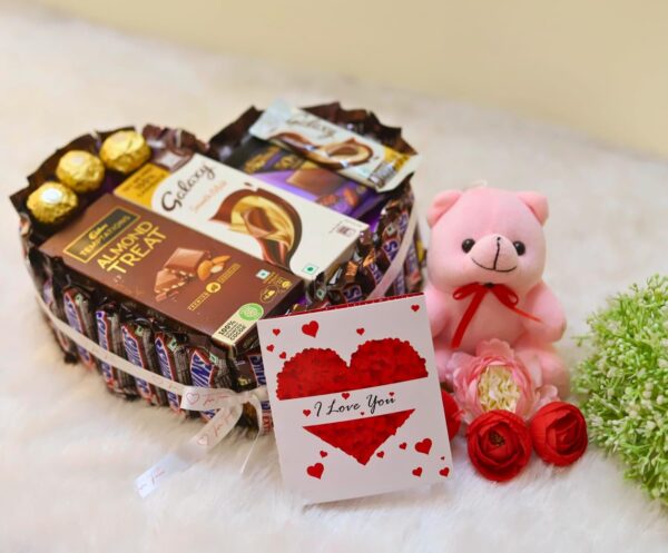 Tasha Forever Snicker gift hamper (25 snicker, 1 almond treat, galaxy, bournville, 3 round premium chocolates, love card & teddy) - Image 3
