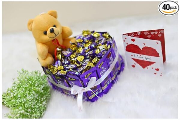 Tasha Forever gift hamper 18 Dairy milk Chocolate, 20 Mini eclairs Chocolates, 1 teddy, 1 love card, Chocolate gift combo