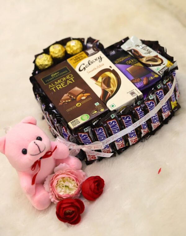 Tasha Forever Snicker gift hamper (25 snicker, 1 almond treat, galaxy, bournville, 3 round premium chocolates, love card & teddy) - Image 2