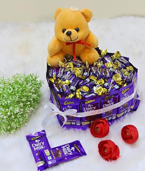 Tasha Forever gift hamper 18 Dairy milk Chocolate, 20 Mini eclairs Chocolates, 1 teddy, 1 love card, Chocolate gift combo - Image 2