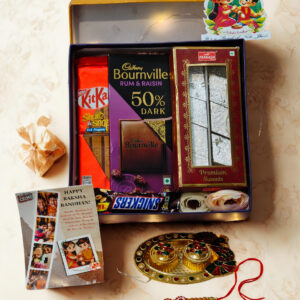Tasha Forever| Happy Rakshabandhan chocolate Box with premium chocolates, Kajukatli (200gm) Rakhi, kumkum platter, Special Rakhi Card.