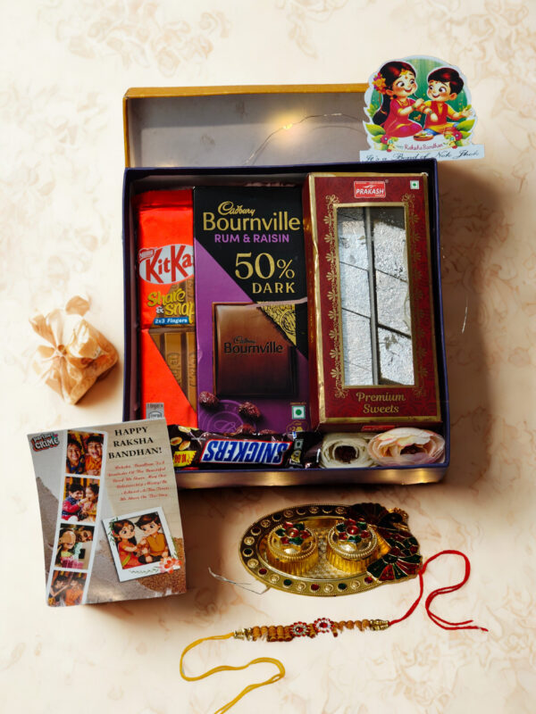 Tasha Forever| Happy Rakshabandhan chocolate Box with premium chocolates, Kajukatli (200gm) Rakhi, kumkum platter, Special Rakhi Card.